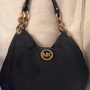 Michael Kors Fulton Hobo Navy Shoulder Bag with Gold Accents